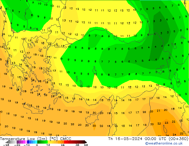 temperatura mín. (2m) CMCC Qui 16.05.2024 00 UTC