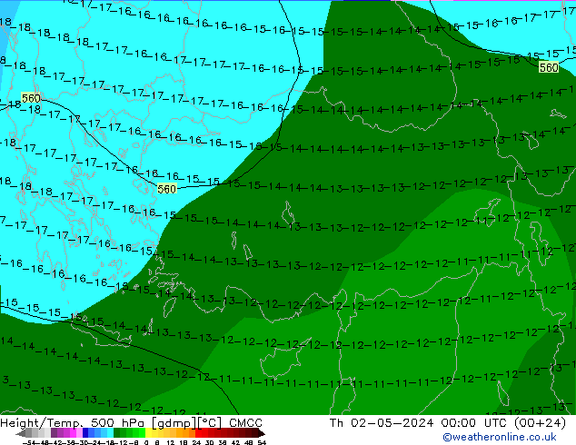 Height/Temp. 500 hPa CMCC Čt 02.05.2024 00 UTC