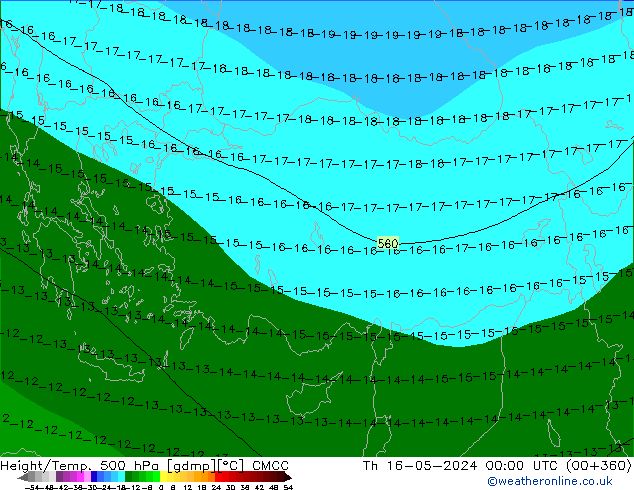 Height/Temp. 500 hPa CMCC Th 16.05.2024 00 UTC