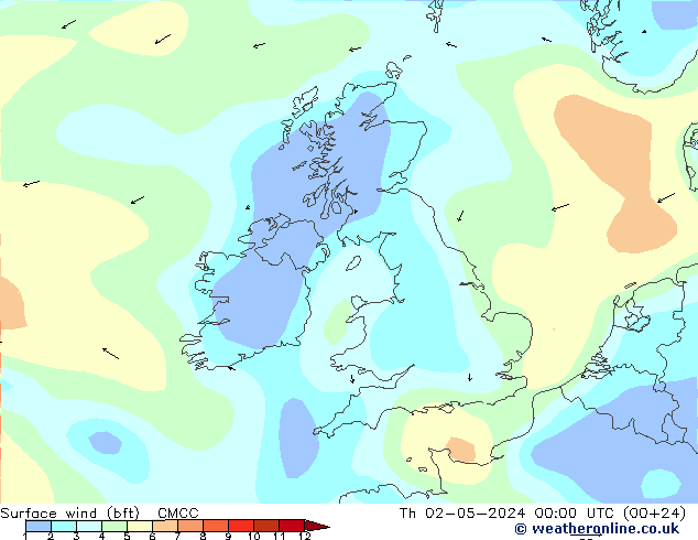 Surface wind (bft) CMCC Th 02.05.2024 00 UTC