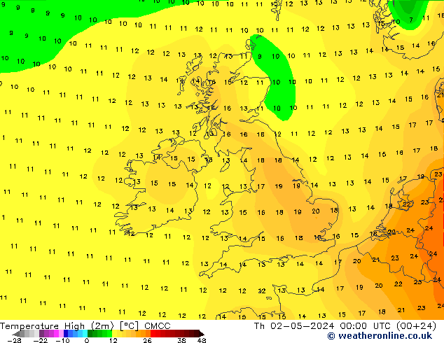 temperatura máx. (2m) CMCC Qui 02.05.2024 00 UTC