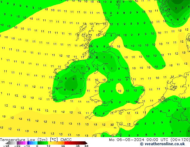 Min.temperatuur (2m) CMCC ma 06.05.2024 00 UTC