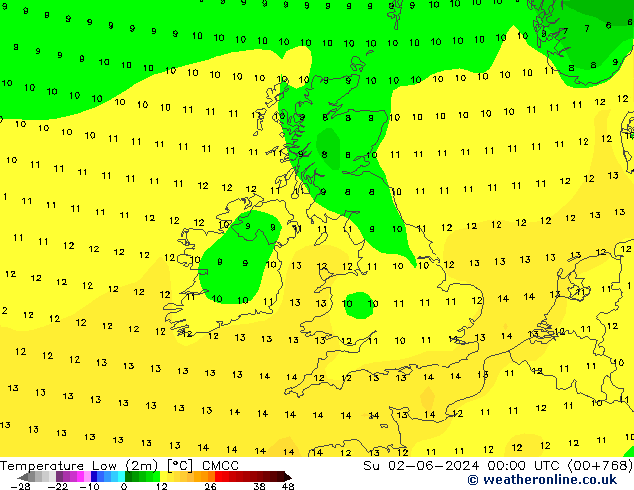 Min.temperatuur (2m) CMCC zo 02.06.2024 00 UTC