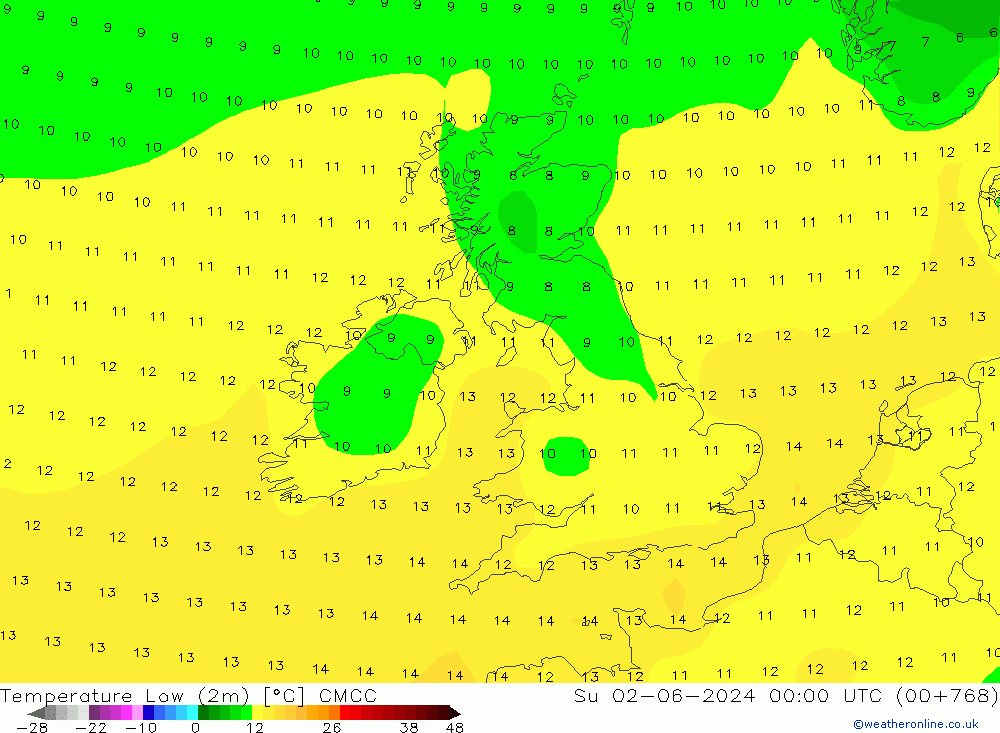 Min.temperatuur (2m) CMCC zo 02.06.2024 00 UTC