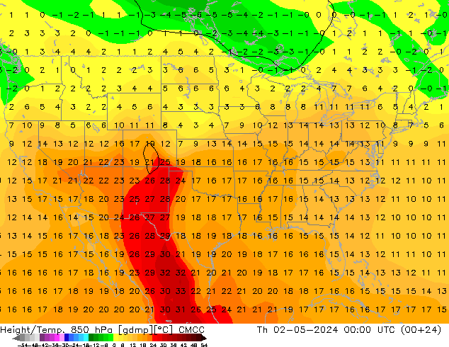 Height/Temp. 850 hPa CMCC Th 02.05.2024 00 UTC