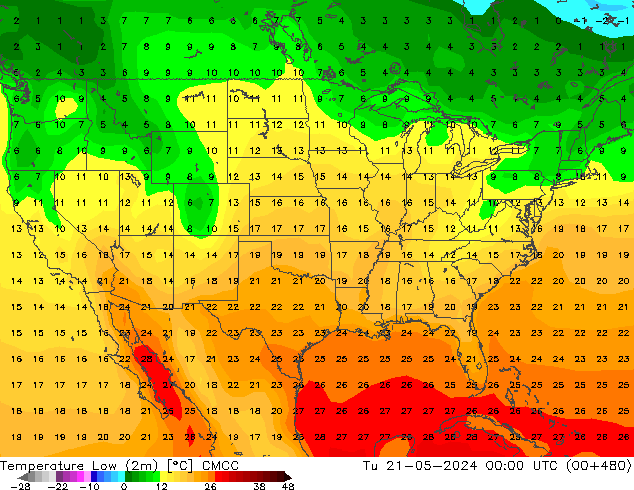 Min. Temperatura (2m) CMCC wto. 21.05.2024 00 UTC