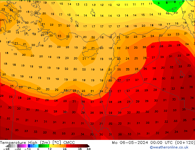 Nejvyšší teplota (2m) CMCC Po 06.05.2024 00 UTC