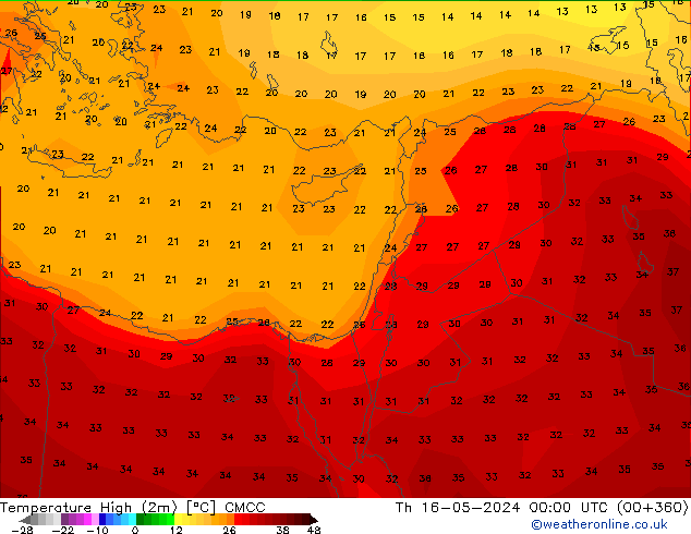 Max.temperatuur (2m) CMCC do 16.05.2024 00 UTC