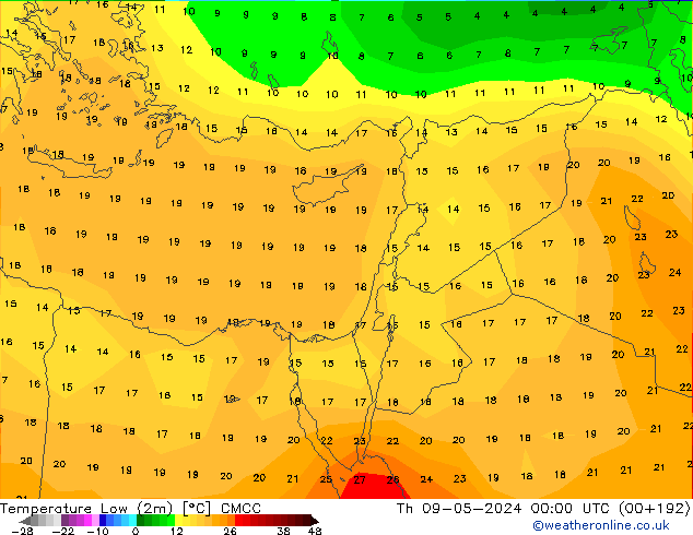 temperatura mín. (2m) CMCC Qui 09.05.2024 00 UTC