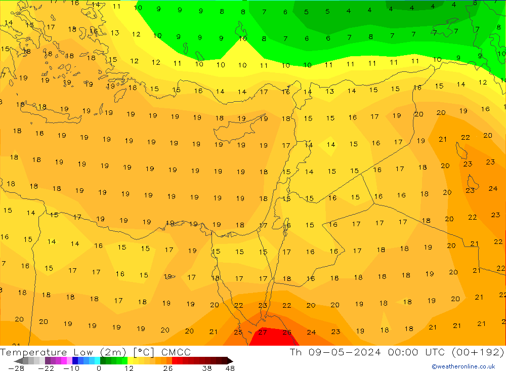 Temperatura mín. (2m) CMCC jue 09.05.2024 00 UTC