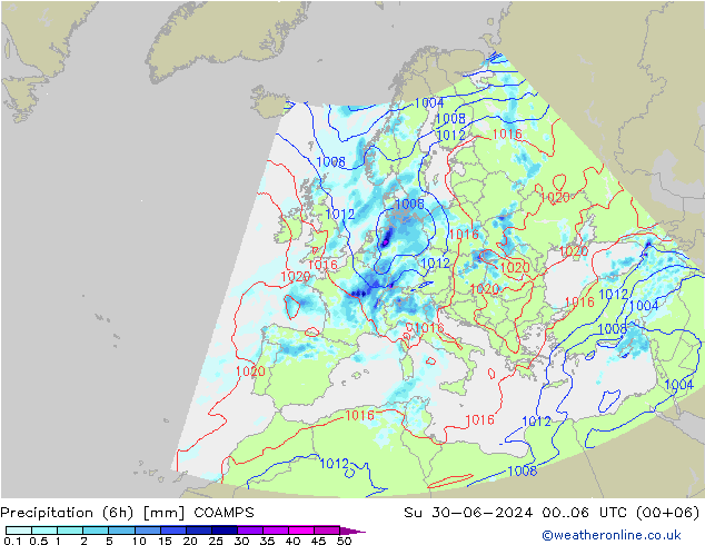 降水量 (6h) COAMPS 星期日 30.06.2024 06 UTC
