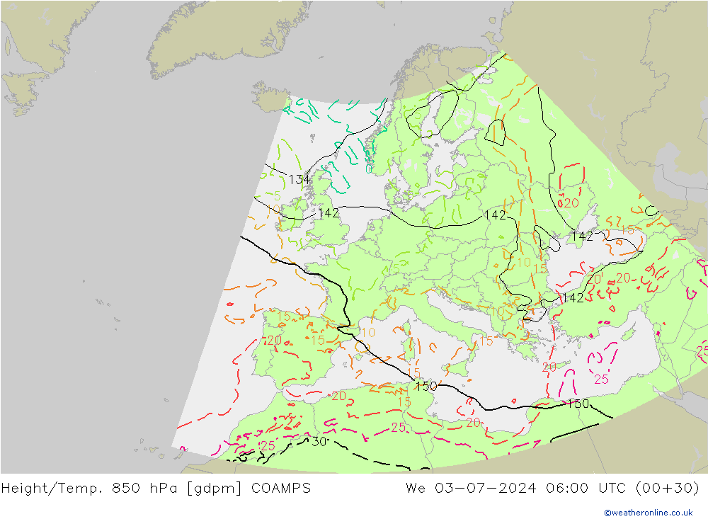 Hoogte/Temp. 850 hPa COAMPS wo 03.07.2024 06 UTC