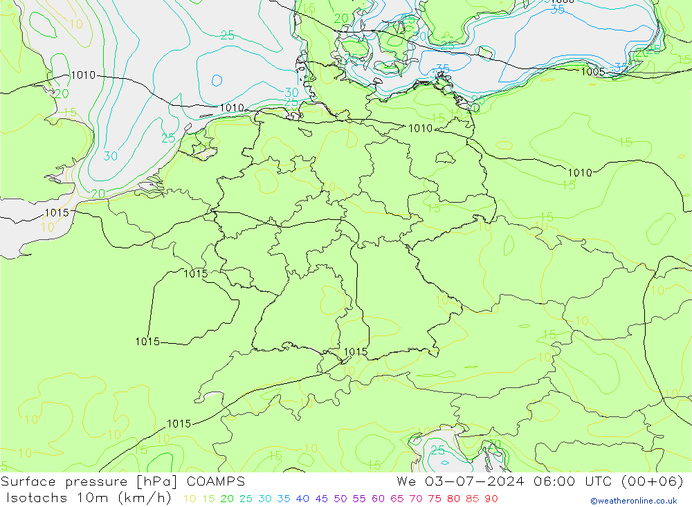 Isotachen (km/h) COAMPS wo 03.07.2024 06 UTC