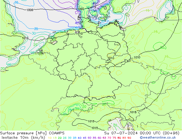 Isotachen (km/h) COAMPS zo 07.07.2024 00 UTC