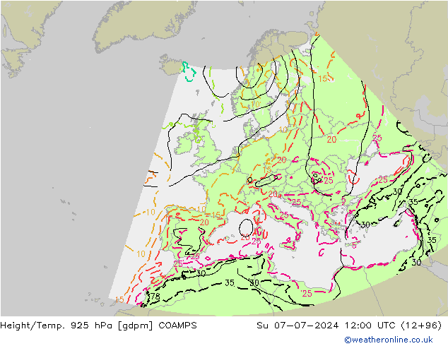 Hoogte/Temp. 925 hPa COAMPS zo 07.07.2024 12 UTC