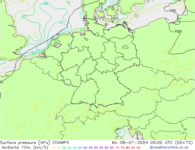Isotachen (km/h) COAMPS ma 08.07.2024 00 UTC
