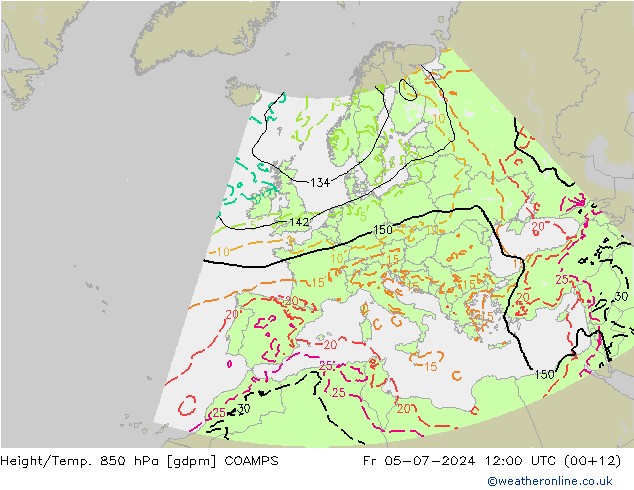 Hoogte/Temp. 850 hPa COAMPS vr 05.07.2024 12 UTC