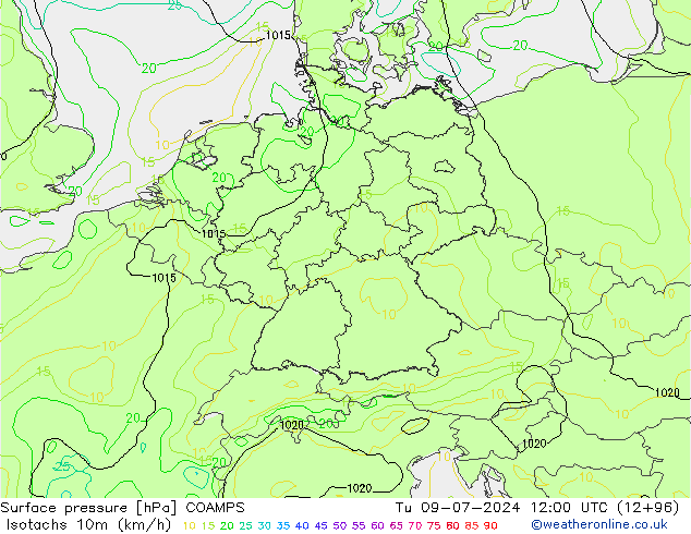Isotachen (km/h) COAMPS di 09.07.2024 12 UTC