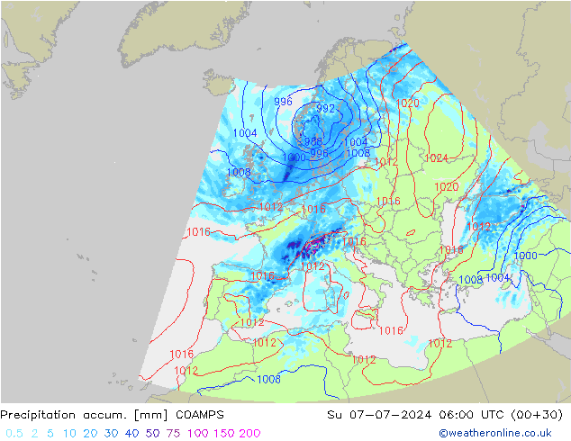 Totale neerslag COAMPS zo 07.07.2024 06 UTC