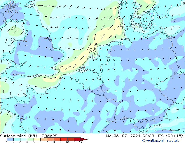 Wind 10 m (bft) COAMPS ma 08.07.2024 00 UTC