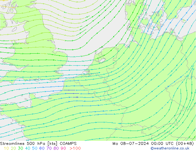 风 500 hPa COAMPS 星期一 08.07.2024 00 UTC