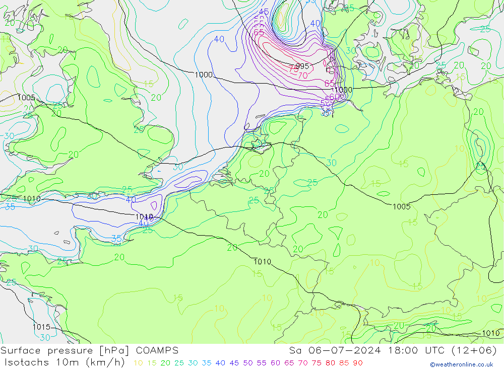 Isotachen (km/h) COAMPS za 06.07.2024 18 UTC