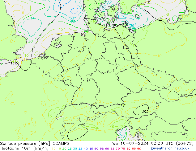 Isotachen (km/h) COAMPS wo 10.07.2024 00 UTC