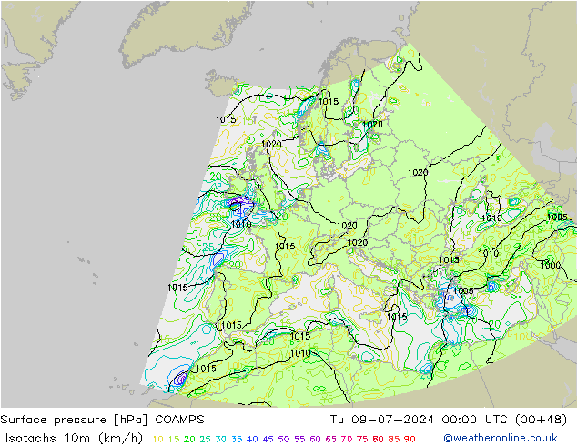 Isotachen (km/h) COAMPS di 09.07.2024 00 UTC