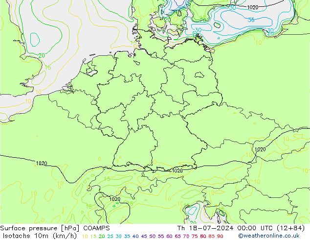 Isotachen (km/h) COAMPS do 18.07.2024 00 UTC
