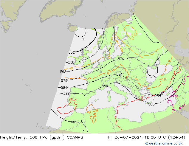 Hoogte/Temp. 500 hPa COAMPS vr 26.07.2024 18 UTC