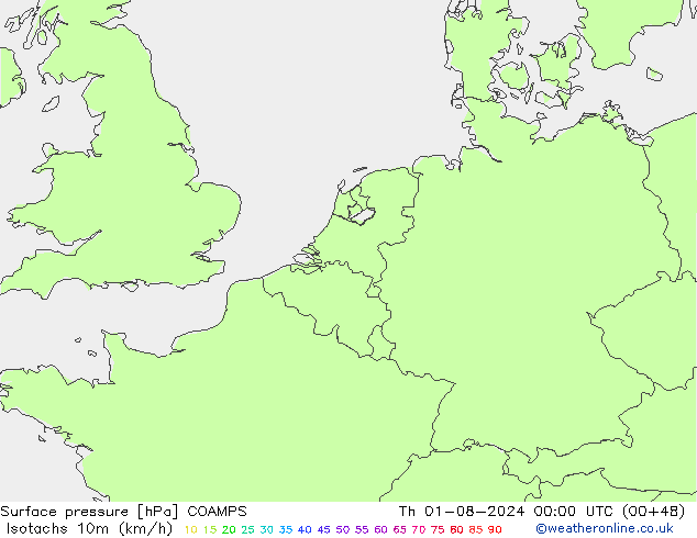 Isotachen (km/h) COAMPS do 01.08.2024 00 UTC