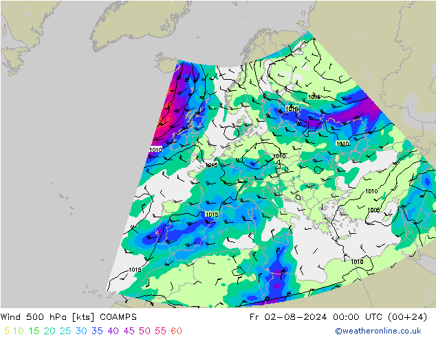 风 500 hPa COAMPS 星期五 02.08.2024 00 UTC