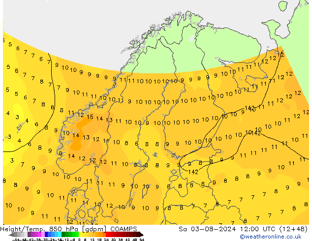 Hoogte/Temp. 850 hPa COAMPS za 03.08.2024 12 UTC