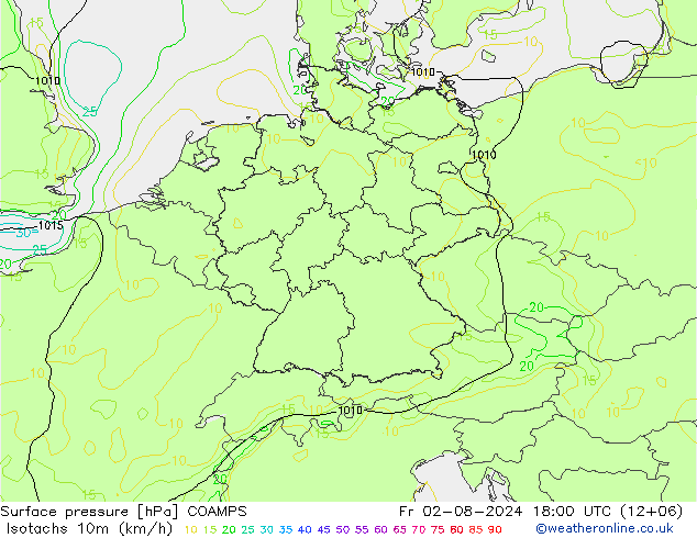 10米等风速线 (kph) COAMPS 星期五 02.08.2024 18 UTC