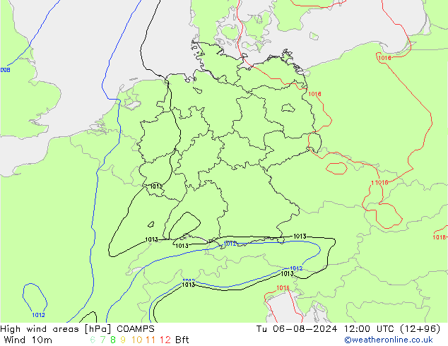 High wind areas COAMPS 星期二 06.08.2024 12 UTC