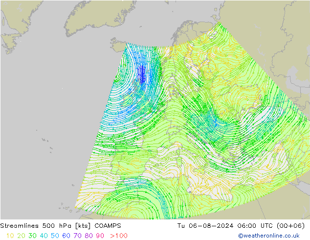 风 500 hPa COAMPS 星期二 06.08.2024 06 UTC