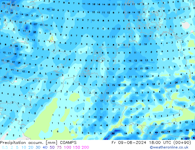 Totale neerslag COAMPS vr 09.08.2024 18 UTC