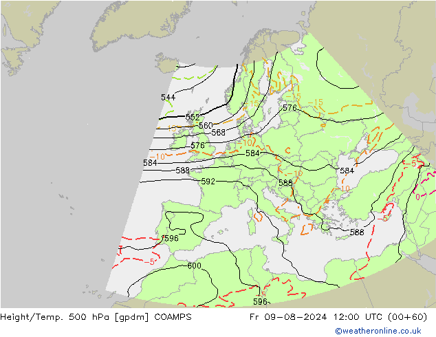 Hoogte/Temp. 500 hPa COAMPS vr 09.08.2024 12 UTC