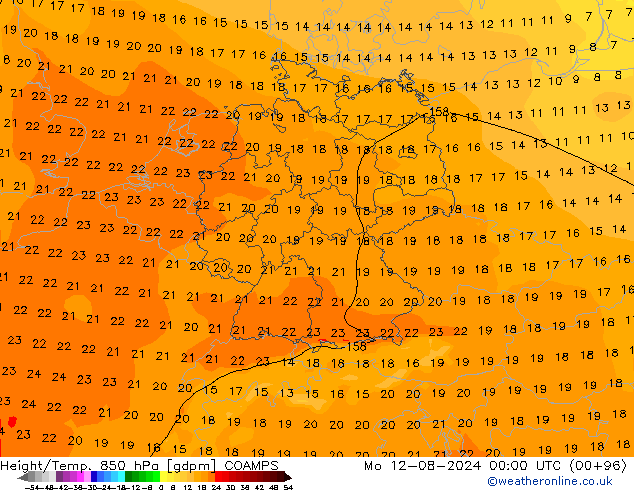 Hoogte/Temp. 850 hPa COAMPS ma 12.08.2024 00 UTC