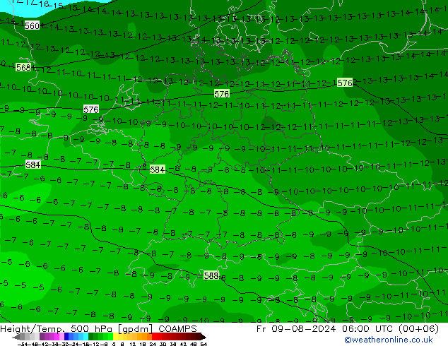 Hoogte/Temp. 500 hPa COAMPS vr 09.08.2024 06 UTC