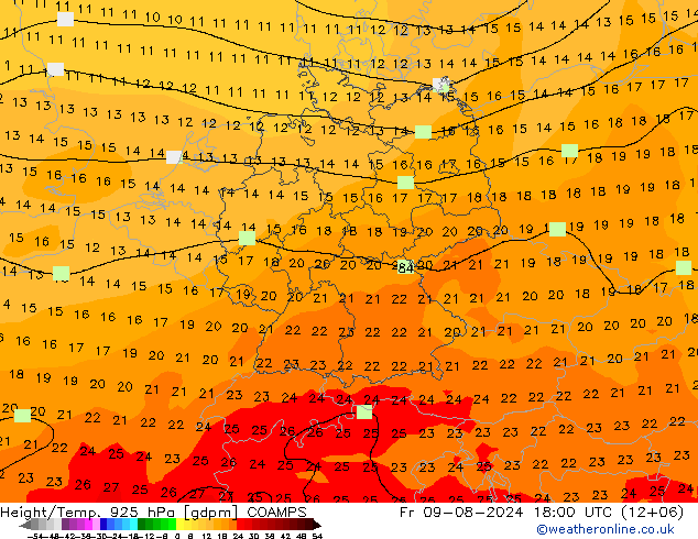 Hoogte/Temp. 925 hPa COAMPS vr 09.08.2024 18 UTC