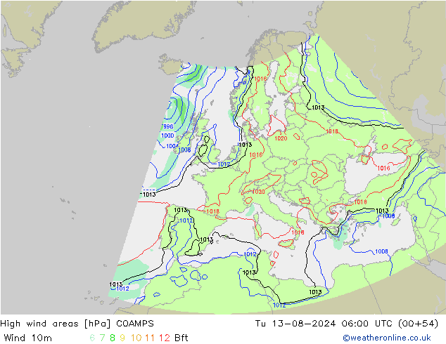 High wind areas COAMPS 星期二 13.08.2024 06 UTC