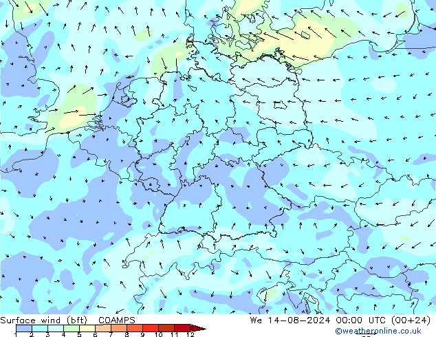 Wind 10 m (bft) COAMPS wo 14.08.2024 00 UTC