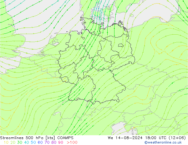 Stroomlijn 500 hPa COAMPS wo 14.08.2024 18 UTC