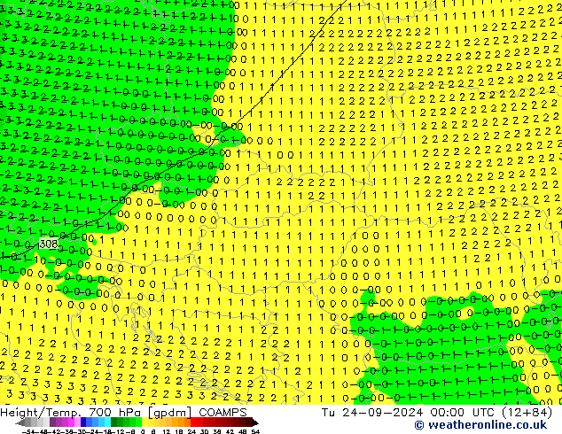 Height/Temp. 700 hPa COAMPS Tu 24.09.2024 00 UTC