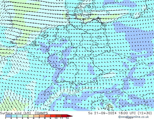 Viento 10 m (bft) COAMPS sáb 21.09.2024 18 UTC