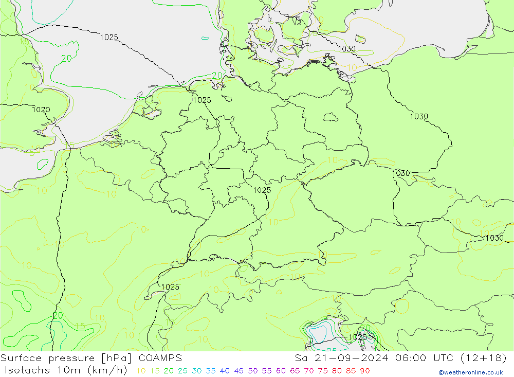 Eşrüzgar Hızları (km/sa) COAMPS Cts 21.09.2024 06 UTC