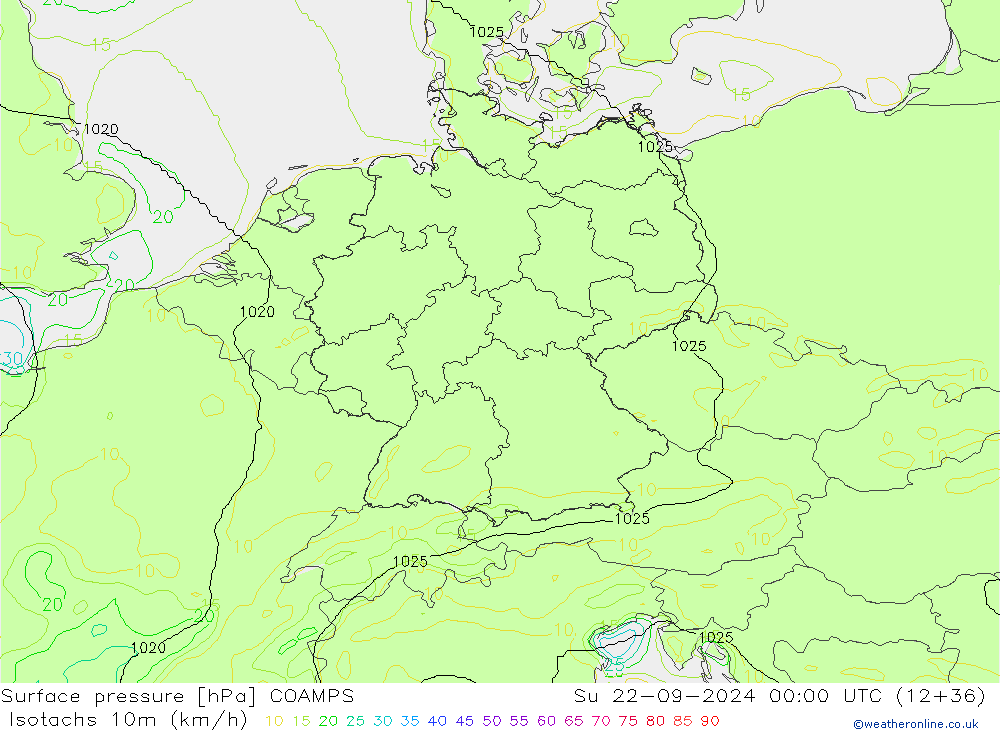 Isotaca (kph) COAMPS dom 22.09.2024 00 UTC