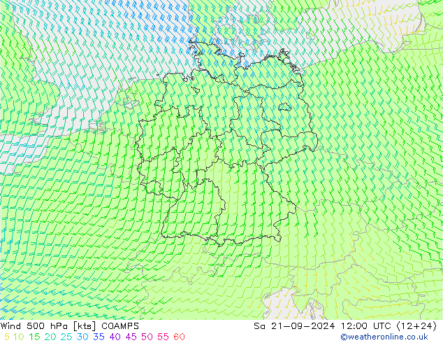 wiatr 500 hPa COAMPS so. 21.09.2024 12 UTC