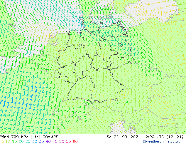 Vent 700 hPa COAMPS sam 21.09.2024 12 UTC